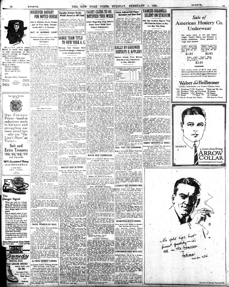 Page 12 of the New York Times,' Tuesday, February 1, 1921 edition. This is the sports section. It's divided roughly 65/35 between ads and stories, and features early versions of a popular web advertising layout where the side columns are dedicated to advertising.