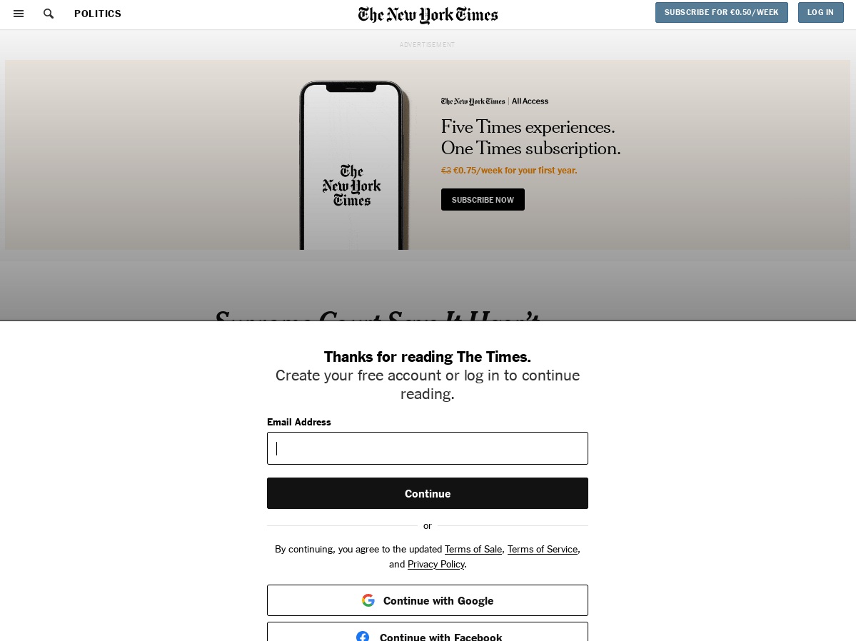 Screen shot of the New York Times' article titled 'Supreme Court Says it Hasn't Found Who Leaked Opinion Overturning Roe', dated January 19, 2023. There is a large banner ad consuming approximately two fifths of the viewing space for a subscription service to the Times. The bottom half of the page is a popup message asking the user to create a free account or log in to continue reading articles. Only the very tops of the upper-cased letters in the article title are visible at all.