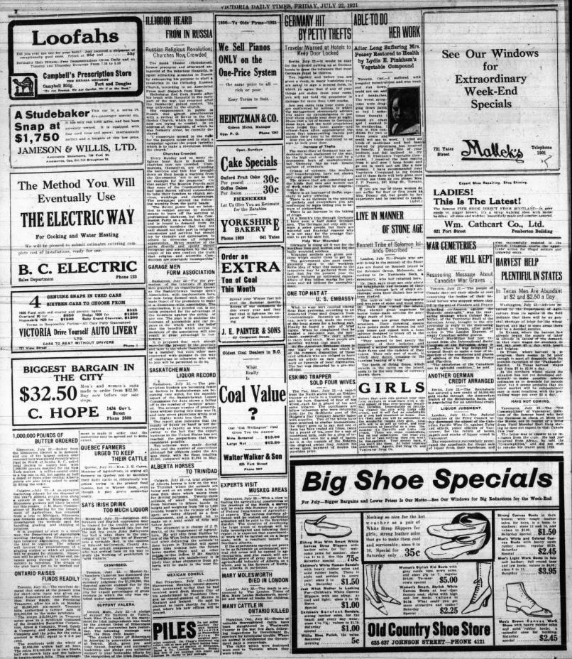 Page 2 of the Victoria Daily Times' Friday July 22, 1921 edition. This uses a very different layout than the New York Times. Here ads are sometimes placed in the center columns breaking up the stories. There does not appear to be any standardized ad sizes either, beyond snapping to columns for width.
