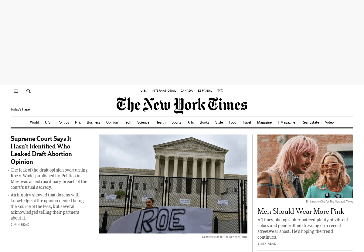 Front page of the New York Times' website, January 19, 2023 (20th in some locales). A large banner ad which failed to load occupies the top two fifths to one half of the visible page space, with stories below. Stories appear to have one primary column, occupying three quarters of the width, with the last quarter being devoted to other smaller articles.
