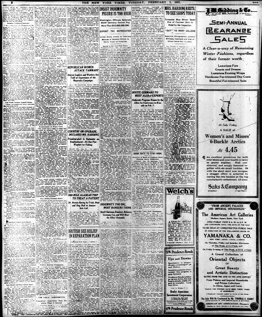 Page two of the New York Times,' Tuesday, February 1, 1921 edition. From left to right the page is approximately divided 80/20 between real news and ads. There are between half a dozen and a dozen stories on the page.