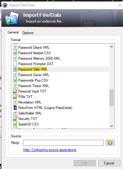 KeePass import dialogue box