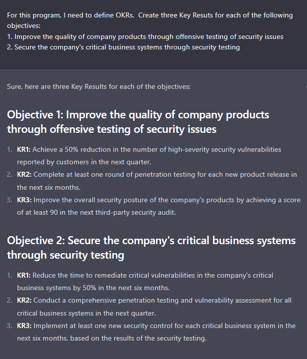 ChatGPT OKR prompt and response